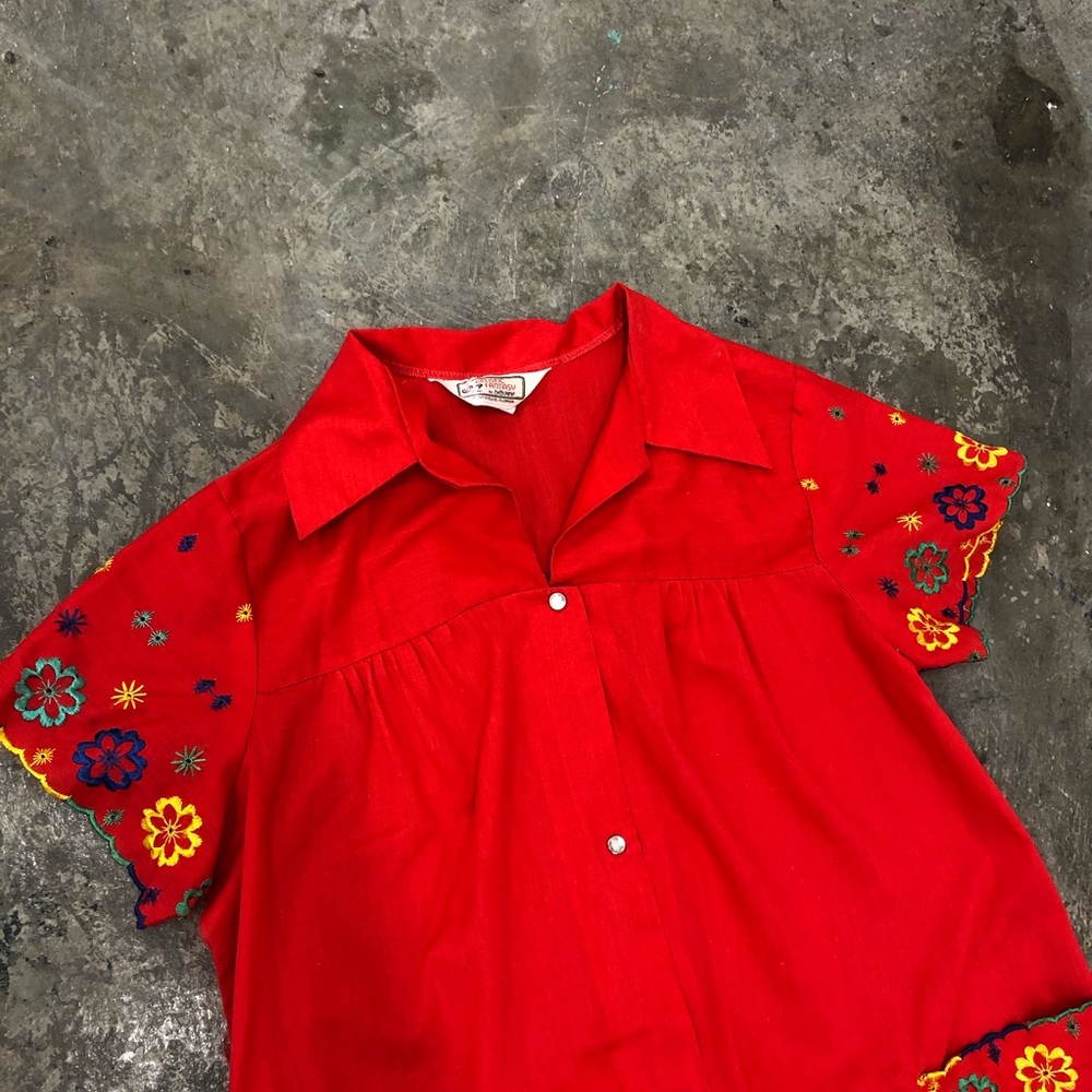 Vtg 80s Apron Midi Dress Americana Red Floral M/L - Picture 5 of 6